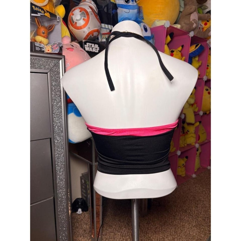 Y2K Kelle Womens Black Hot Pink Bow Halter Corset Top Medium #2 - Picture 2 of 4